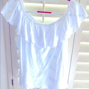 Off the shoulder, ruffle top; light white cotton.